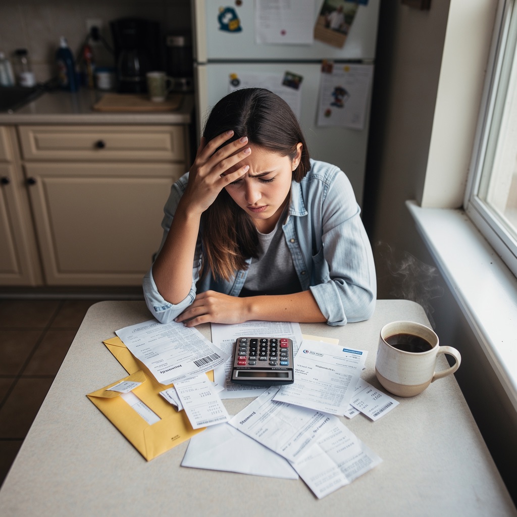 A woman at her kitchen table looking over bills and a calculator