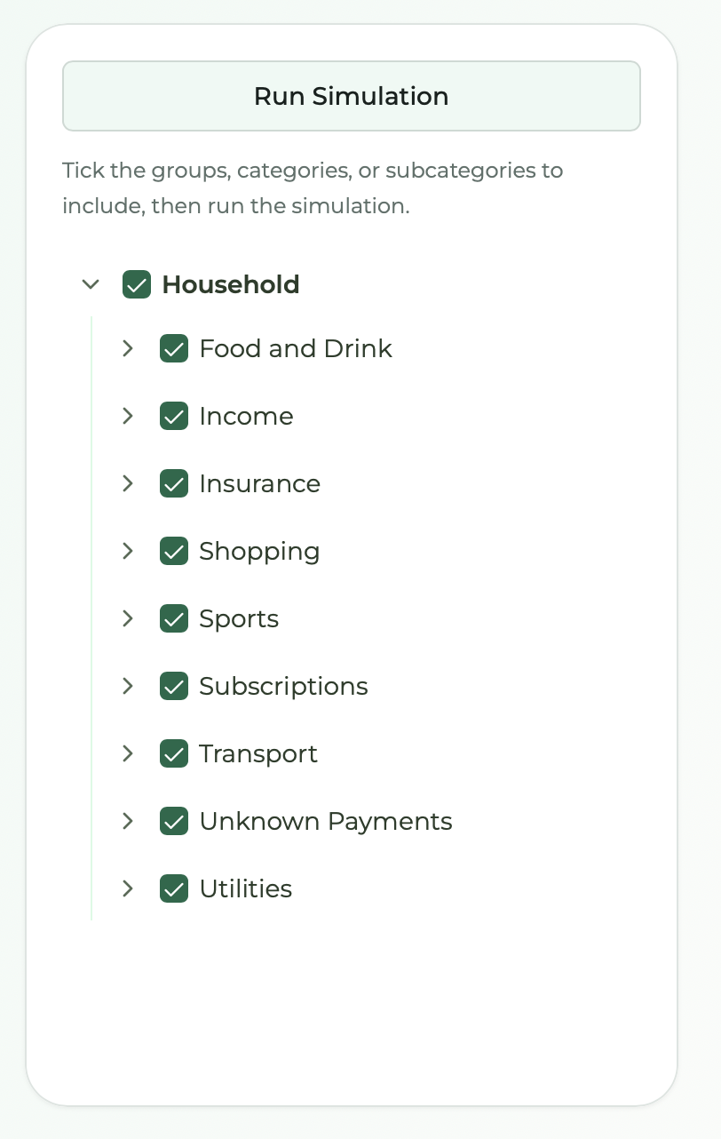 Run Simulation panel with categories and subcategories ticked to include or exclude